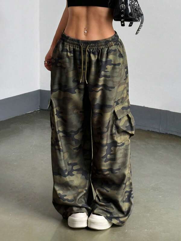 Flirla Pantaloni Camo pentru femei, cu șnur, talie elastică, cu buzunar largi