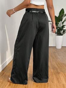 SHEIN EZwear Plus Size Black Striped Pleated Wide Leg Pants, Casual Daily Wear For Spring & Summer - Black - View 2