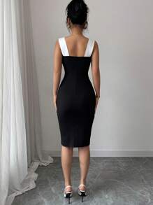 Selianne Đầm bodycon thắt nơ màu tương phản lãng mạn thanh lịch dành cho nữ, thích hợp mặc hàng ngày, đi làm và đi nghỉ - màu đen - Xem 2