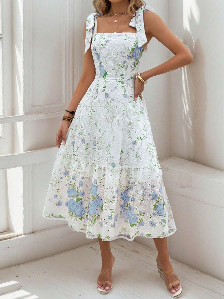 Rafferiza Vestido con escote cuadrado bordado y estampado floral de dobladillo con volantes y tirantes tipo espagueti para verano (patrón aleatorio) Vestido largo para vacaciones y playa para mujeres - Azul - Ver 1