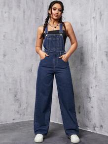 SHEIN ICON Patched Pocket Denim Overalls Without Tank Top