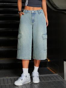 SHEIN ICON Quần Jeans Cargo Dài 3/4 Phong Cách Đường Phố Kiểu Mỹ Cho Nữ - Màu xanh lam - Xem 1