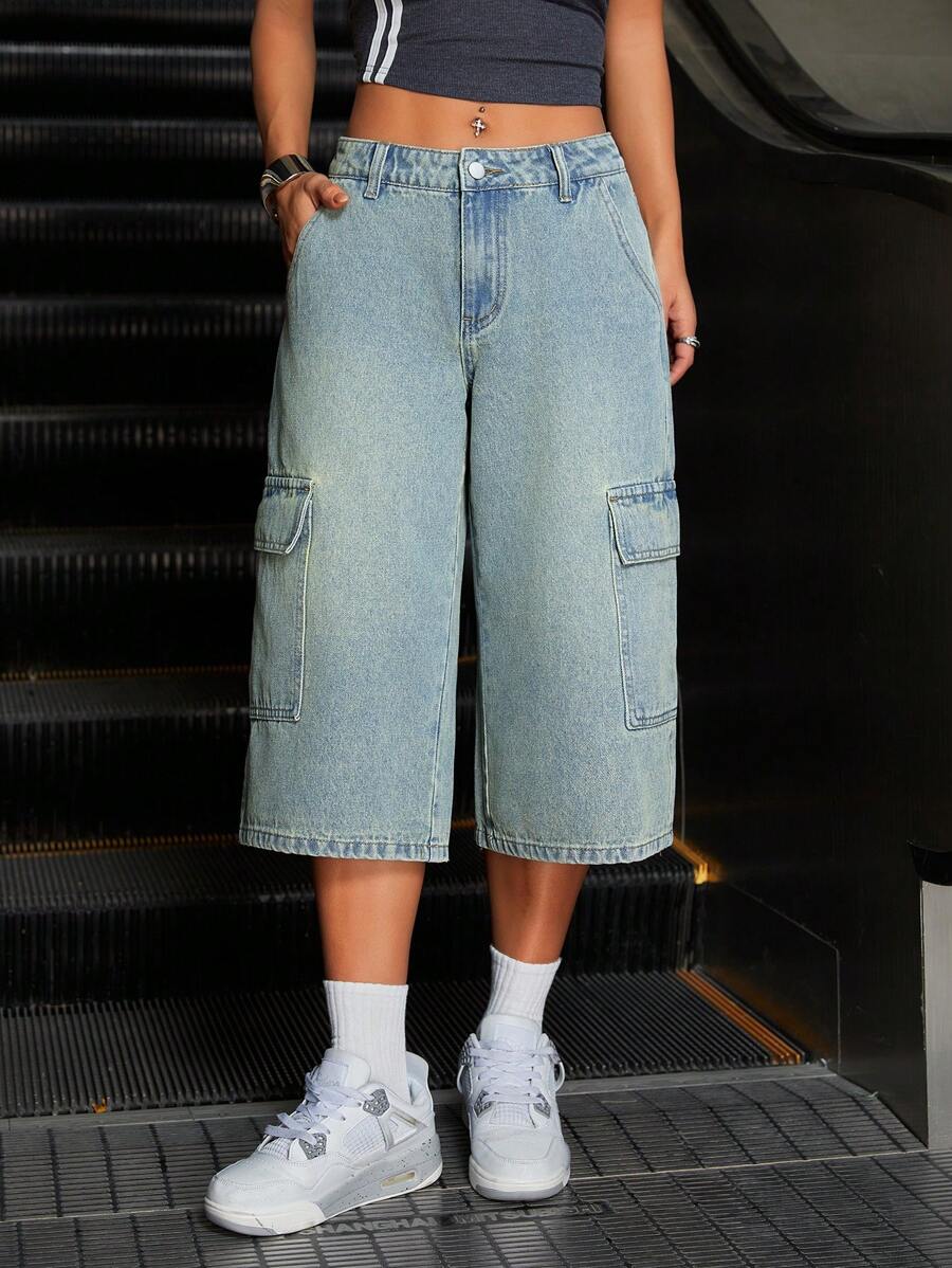 SHEIN ICON Quần Jeans Cargo Dài 3/4 Phong Cách Đường Phố Kiểu Mỹ Cho Nữ - Màu xanh lam - Xem 1