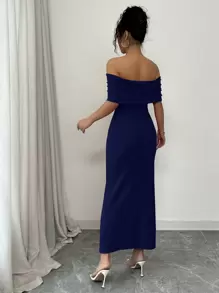 Rafferiza Elegant French Chic Off Shoulder Bodycon Dress With Large Bow And Pearl Details, Stretchy Knit Red Party Cocktail Mini Dress For Autumn Winter - Navy Blue - View 2