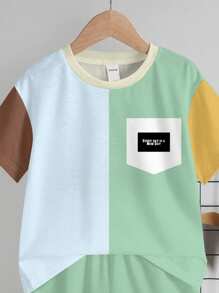 SHEIN 2pcs/Set Young Boys Casual Simple Color Block Pattern Round Neck Short Sleeve T-Shirt And Shorts Set, Suitable For Summer - Multicolor - View 4