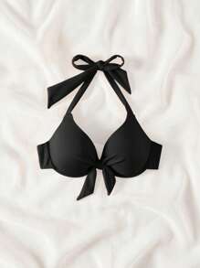 2026 春夏聚拢特殊面料领结吊带黑色聚拢度假女士比基尼泳装上衣 - 黑色 - 查看 4