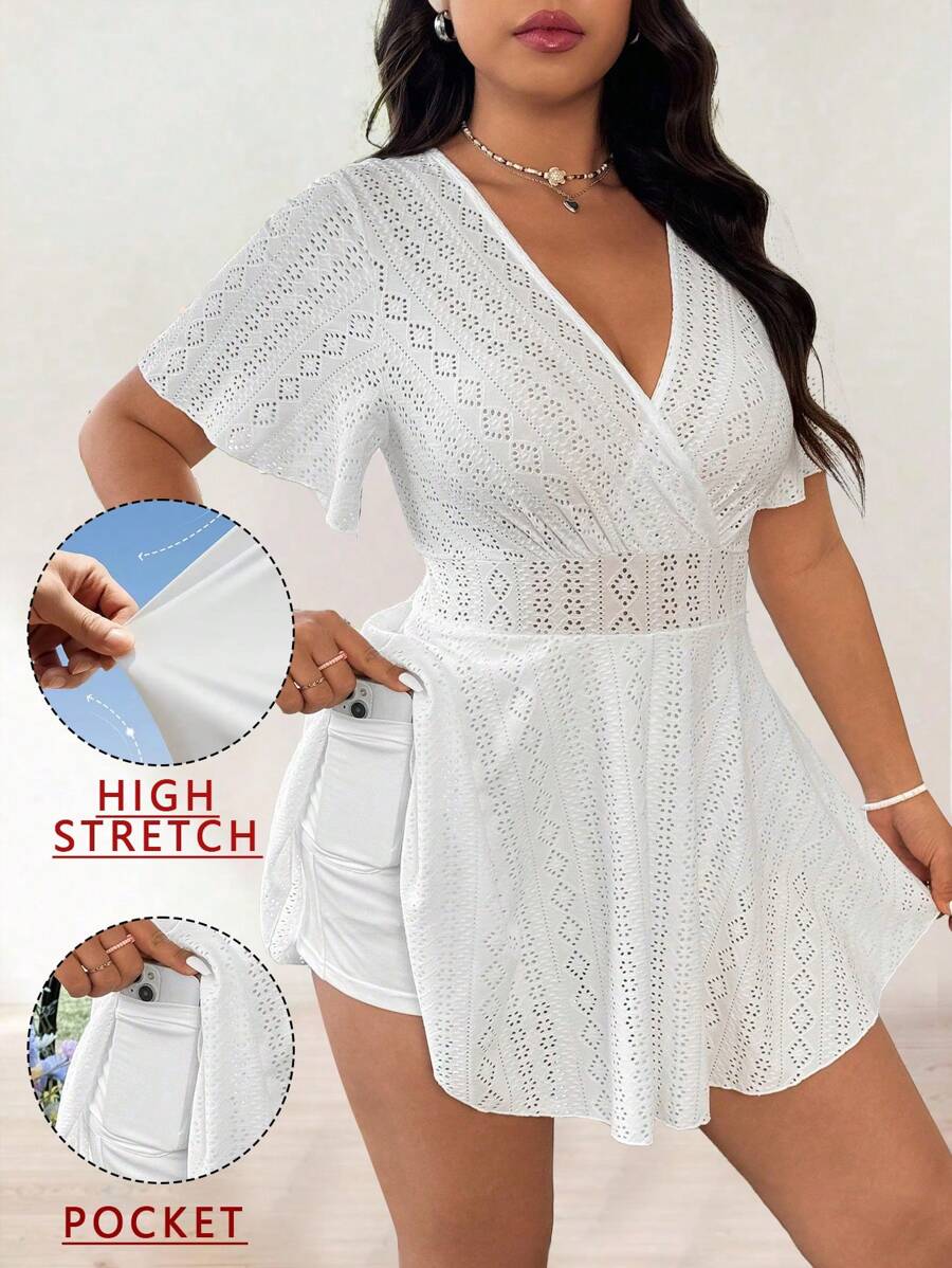 Flirla Plus Size V-Neck Ruffle Sleeve Hollow-Out Jacquard A-Line Pockets Casual Elegant Party Guest Wedding Bridesmaid Short Dress For Women