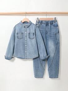 Tween Boy Boho Vintage Urban Street Light Wash Button Closure Denim Shirt And Baggy Cargo Jeans Denim Two Pieces Outfits