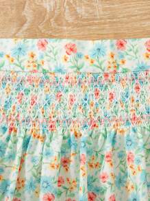 Playful Pals 2 件套年轻女孩碎花优雅甜美法式拼色泡泡袖上衣和高腰 A 字短裙套装 - 彩色 - 查看 7