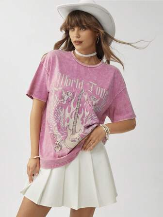 Wildy T-shirt décontracté à col rond pour femmes avec imprimé guitare aux épaules tombantes