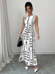 Elenzga Women Blue & White Flower Elegant Sleeveless Bodycon 2 Pieces Set