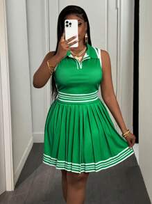 Slaydiva Plus Size Women Casual Sports Tennis Style Striped Two-Piece Set,Holiday Outfits