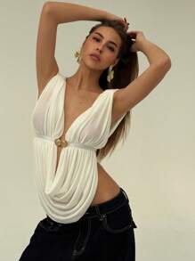 Aloruh 全新纯白色低胸性感深 V 领金属纽扣装饰开衩垂坠无袖优雅露肩衬衫