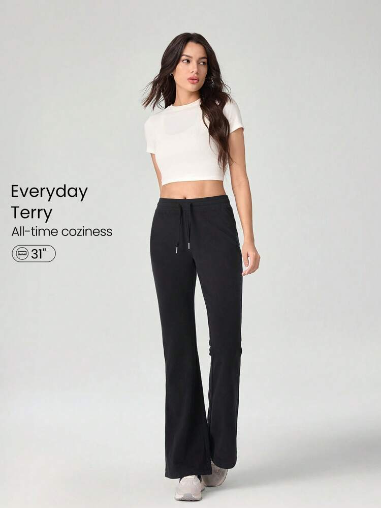 Everyday Fleece Flex Low Waist Adjustable Drawstring Waist Flare Pants With Back Pocket Daily Casual Full Winter