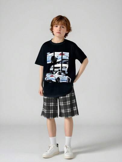 SHEIN Leap Crew 2pcs/Set Tween Boy Cartoon Car Print Round Neck Short Sleeve T-Shirt And Plaid Pattern Shorts, Loose Casual Home And Outdoor Wear, Comfortable Loungewear