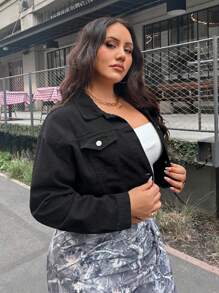 SHEIN ICON Plus Size Plain Front Button Long Sleeve Frayed Hem Simple Denim Jacket