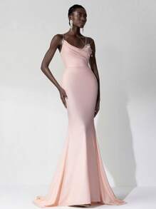 SHEIN Belle Elegant Shiny Sequin Splice Spaghetti Strap High-Waisted Fishtail Trailing Luxury Handwoven Faux Pearl Decor Evening Gown, Wedding Guest Dress, Party Dress, Formal Dress - Pink - View 7