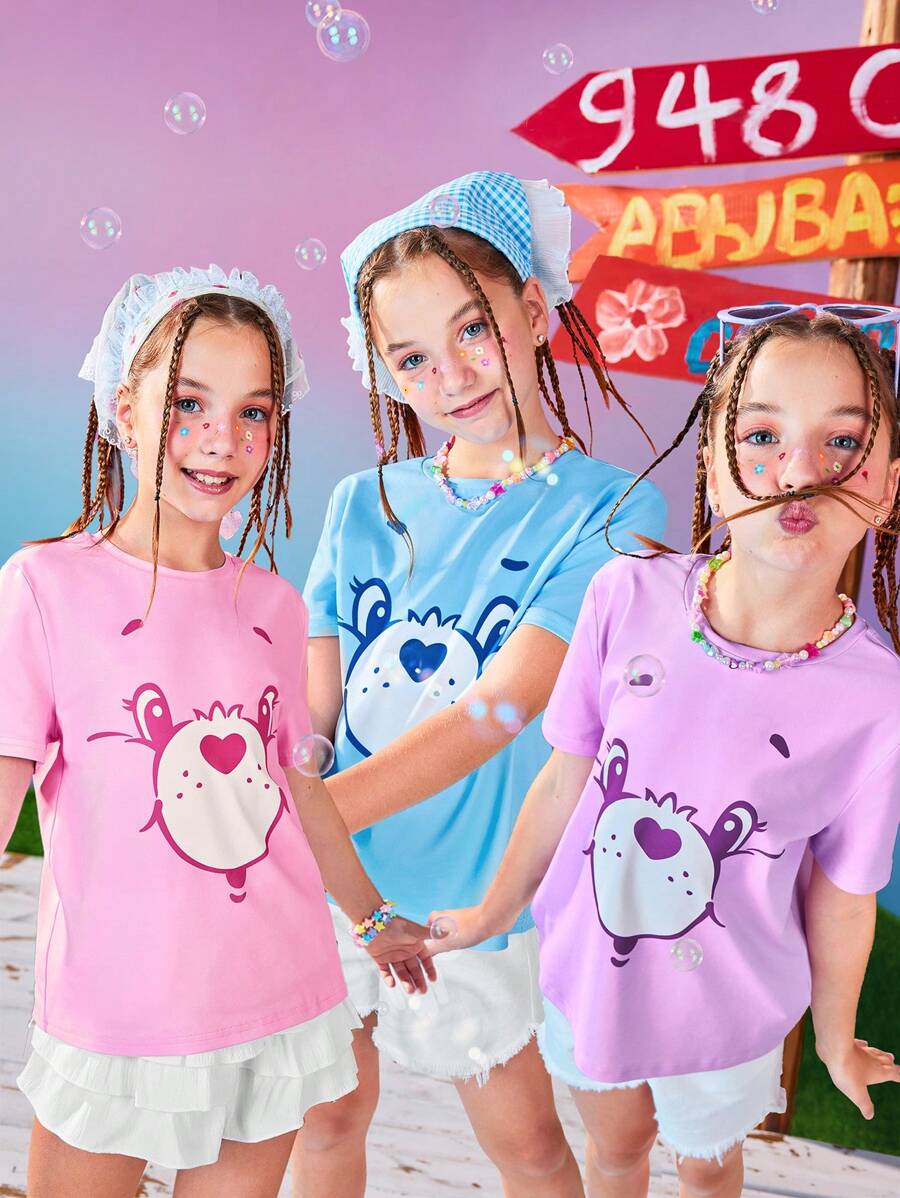 SHEIN X Care Bears Tween Girl 卡通爱心和熊图案休闲可爱短袖 T 恤，百搭，有紫色、粉色和蓝色可供选择 - 彩色 - 查看 1