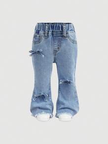SHEIN Baby Girls' 2025 New Denim Flare Pants With Bow Accent - Light Wash - View 3