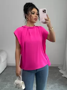 Elenzga Solid Color Sleeveless Pleated Casual Shirt, Suitable For Everyday Wear - Hot Pink - View 1