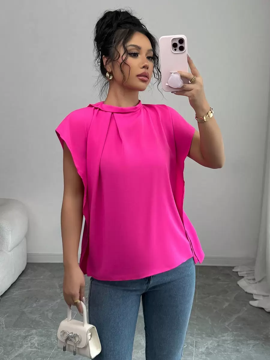 Elenzga Solid Color Sleeveless Pleated Casual Shirt, Suitable For Everyday Wear - Hot Pink - View 1