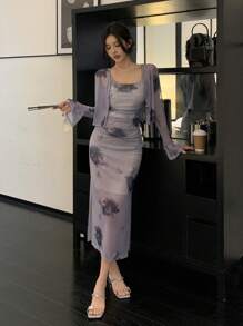 DAZY 2pcs Women Floral Print Mesh Long Sleeve Top And Dress Set, Minimalist