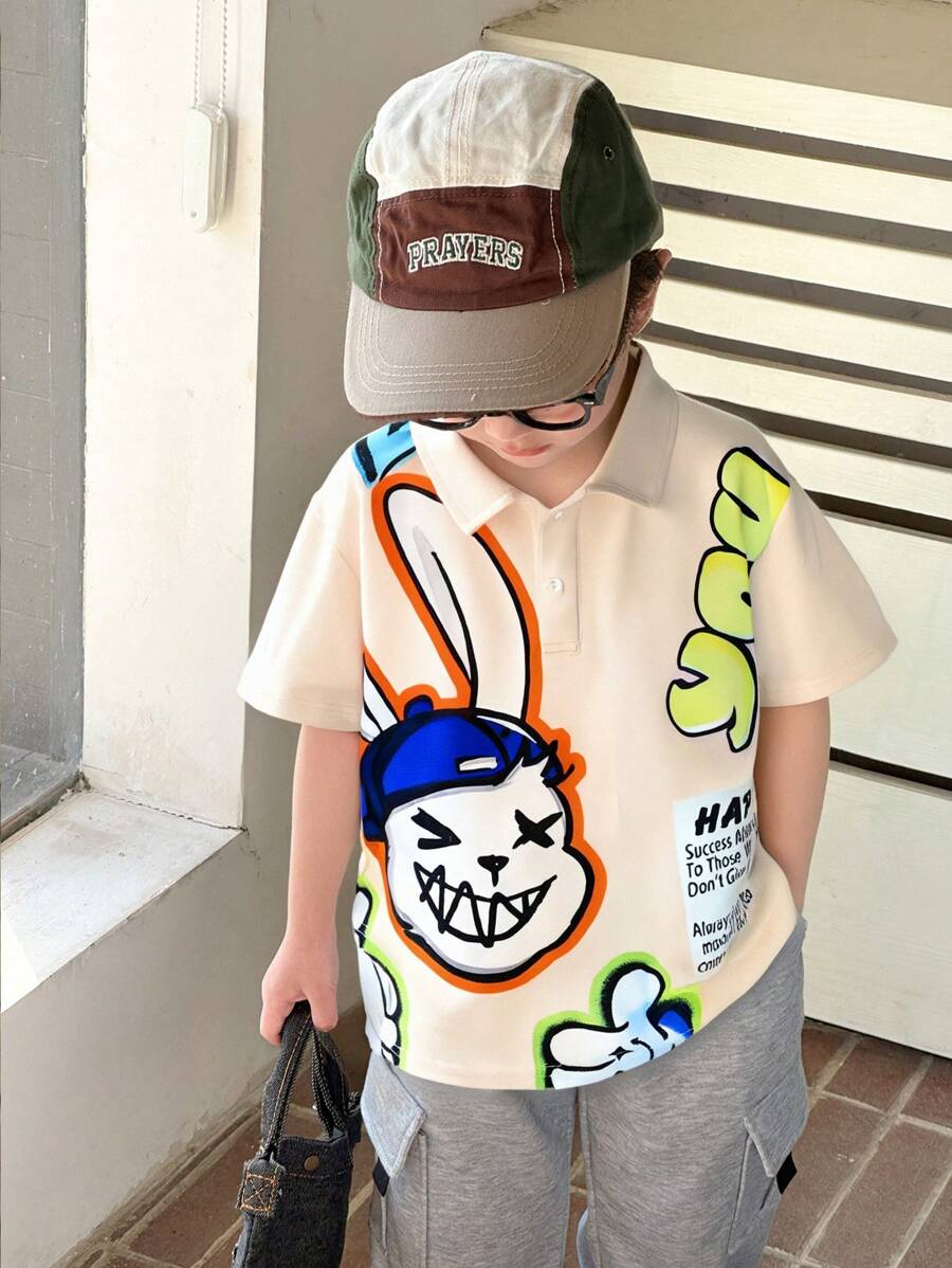 1 Máy Tính Hoạt Hình Dễ Thương Và Thoải Mái Thỏ Và Họa Tiết Chữ Nửa Nút Áo Có Cổ Cho Bé Trai - Màu vàng - Xem 1