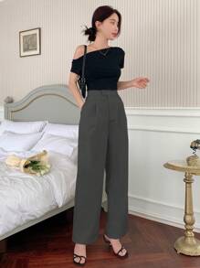 DAZY Celana Panjang Wanita Kasual Model Lurus, Minimalis dan Modis, Cocok untuk Gaun Musim Panas Wanita - Dark Grey - View 3