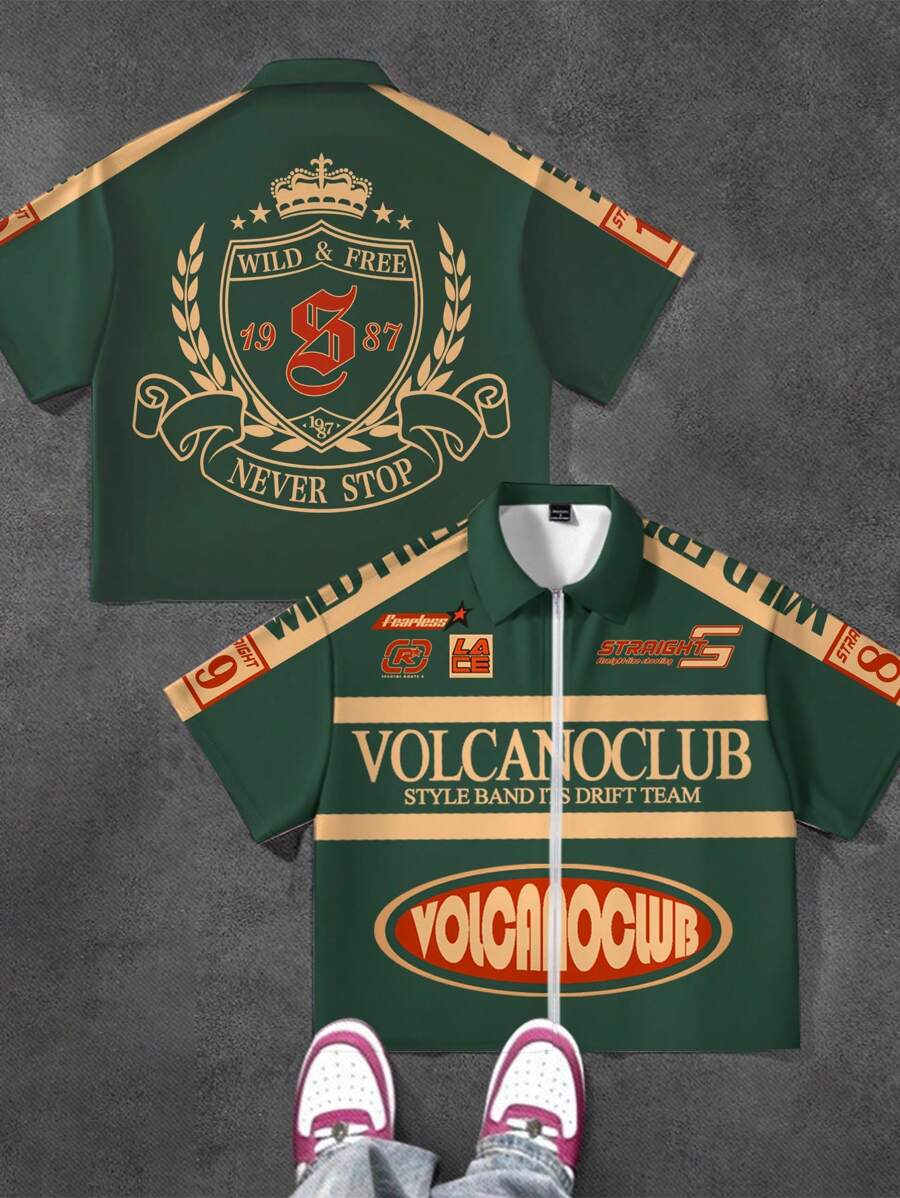 SHEIN Tween Boy 休闲时尚字母条纹拼接，酷炫学院徽章印花翻领拉链短袖衬衫