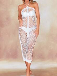 Allurite New Spring Break White Crochet Hollow Design Halter Women's Cover Up Dress For Beach, Summer Vacation & Festival, Bohemian Style