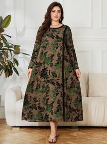 SHEIN Lacomfia Váy họa tiết hoa cỡ lớn phong cách cổ điển - màu xanh lá - Xem 4