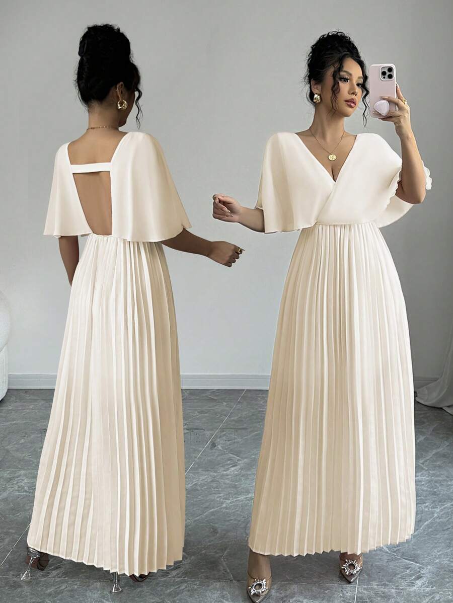 Elenzga Elegant Butterfly Sleeve V-Neck Hollow Back A-Line Long Dress, Suitable For Party, New Year, Valentine's Day