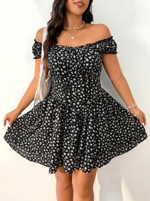 SHEIN EZwear Jumpsuit Kasual Ukuran Besar dengan Motif Bunga Kecil dan Hem Berumbai Ganda, Gaya Liburan, Musim Semi/Panas - MultiWarna - View 3