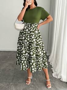 SHEIN LUNE Plus Size Women Solid Color Round Neck Polka Dot Print Patchwork Simple Casual Daily Short Sleeve Dress, Spring/Summer
