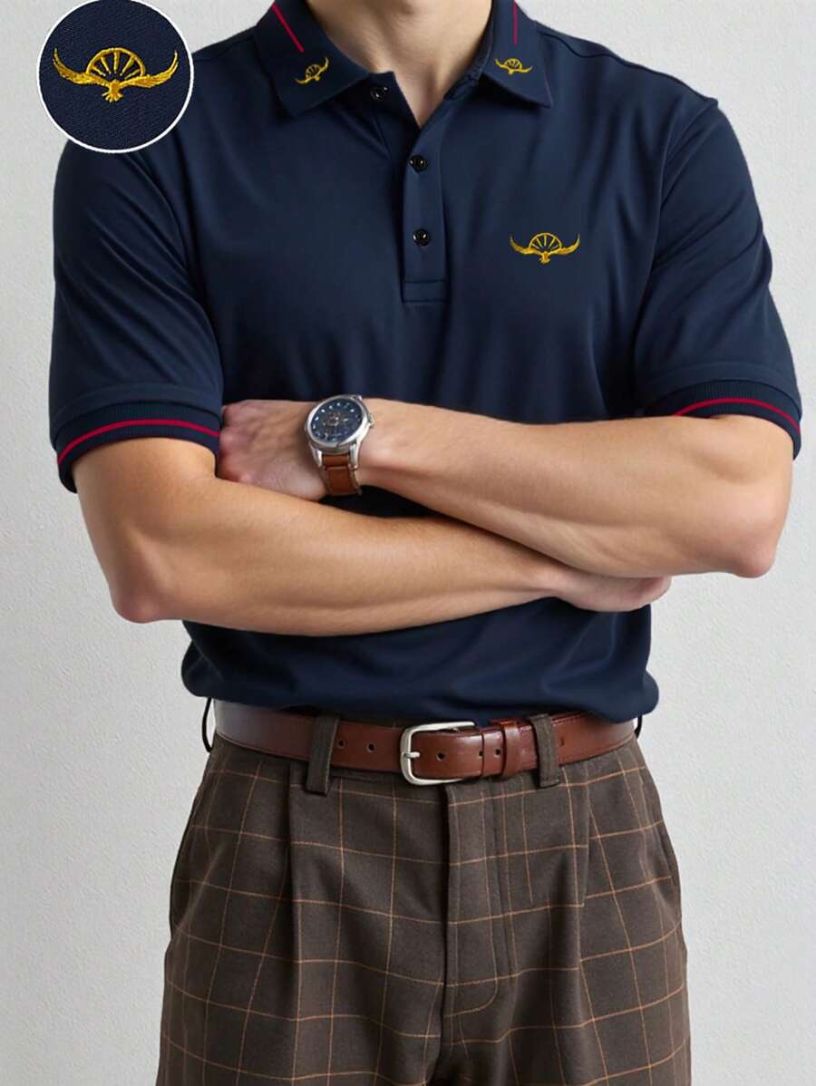 Manfinity Homme 男士休闲老鹰刺绣短袖 Polo 衫，办公室通勤装