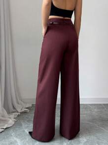 SHEIN PETITE 早春新款酒红色高腰直筒裤搭配复古腰带，优雅简约风格适合日常和工作穿着娇小女士服装女士裤子女士正装裤商务休闲女士裤子女士裤子女士小码女士阔腿裤 - 酒紅色 - 查看 3