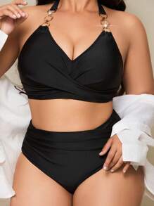 SHEIN Swim Curve Plus Size Women 2 Pieces Neck-Tie Backless Cut-Out High Waist Casual Swimwear