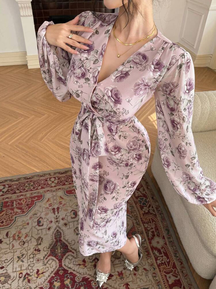 Spring Floral Print V-Neck Lantern Sleeve Tie-Up Mid-Length Dress For Women,Fall Dress Long Sleeve Dress