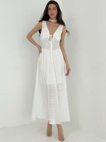 Aloruh Abito casual da donna senza maniche in colore tinta unita con texture - Bianco - Visualizzare 4