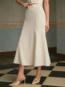 ZEYLAH 女士优雅缎面拼布美人鱼裙 - 杏色 - 查看 3