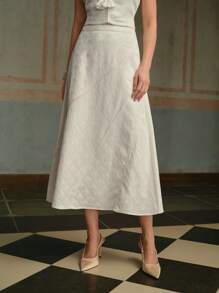 ZEYLAH Women's Textured Jacquard Diagonal Patchwork Seam A-Line Midi Skirt, Summer White Skirt - White - View 3