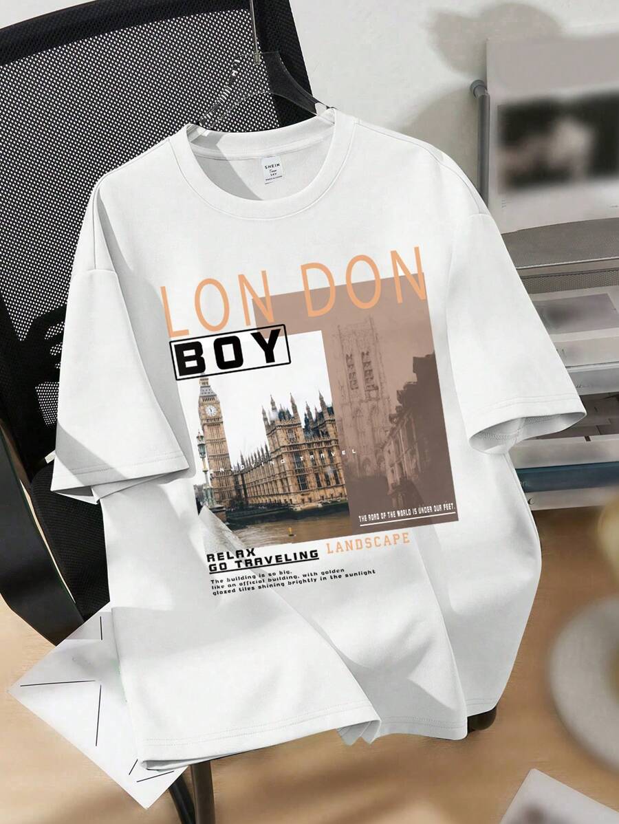 SHEIN EZwear Áo thun cổ tròn tay ngắn in họa tiết kiến trúc và phong cảnh tối giản giản dị dành cho phụ nữ ngoại cỡ, mùa hè - trắng - Xem 1