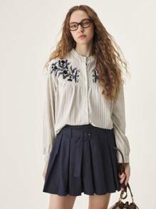 Muvela Casual Striped Floral Embroidery Long Sleeve Shirt For Spring/Autumn