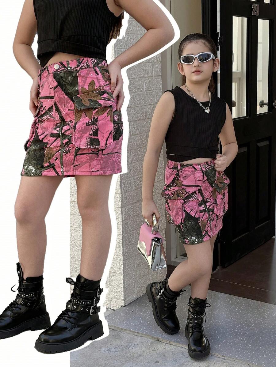 Falda vaquera de niña con estampado de camuflaje de rama de árbol, cintura elástica con cierre de cremallera, mini falda vaquera desgastada para un estilo casual callejero universitario - Rosa - Ver 1