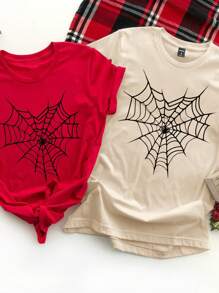 Manfinity Hypemode 休闲心形和蜘蛛网图案印花卡其色男女通用 T 恤，适合作为送给男朋友的礼物