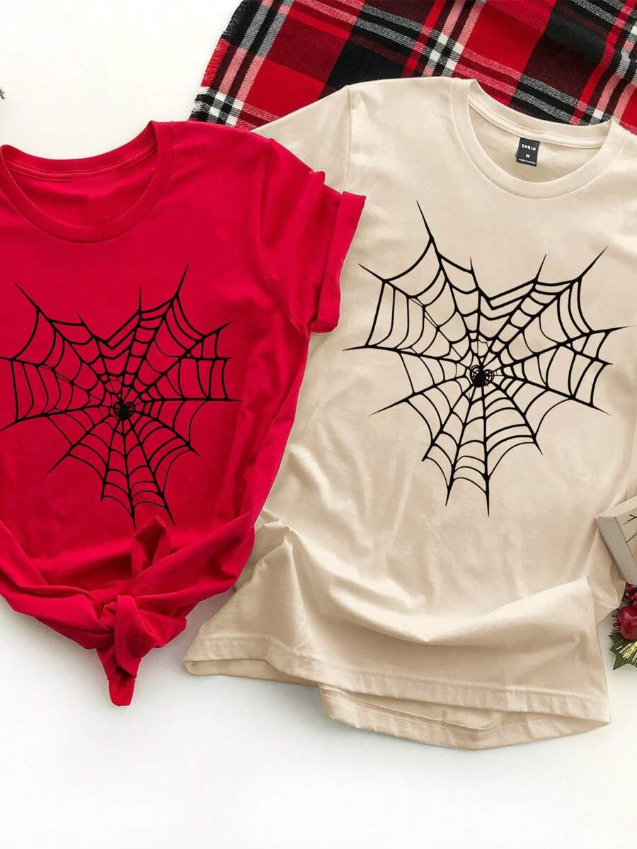 Manfinity Hypemode 休闲心形和蜘蛛网图案印花卡其色男女通用 T 恤，适合作为送给男朋友的礼物