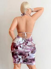 SHEIN SXY Plus Size Women Dark Purple Summer Classy Night Out Club Y2K Tie Dye Backless Ruffled Trim Bodycon Dress,Elegant Date Night Birthday Streetwear - Multicolor - View 2