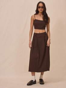 MUSERA 低腰梭织修身褶裥细节腰带环中长裙，夏季优雅款 - 咖啡棕 - 查看 1