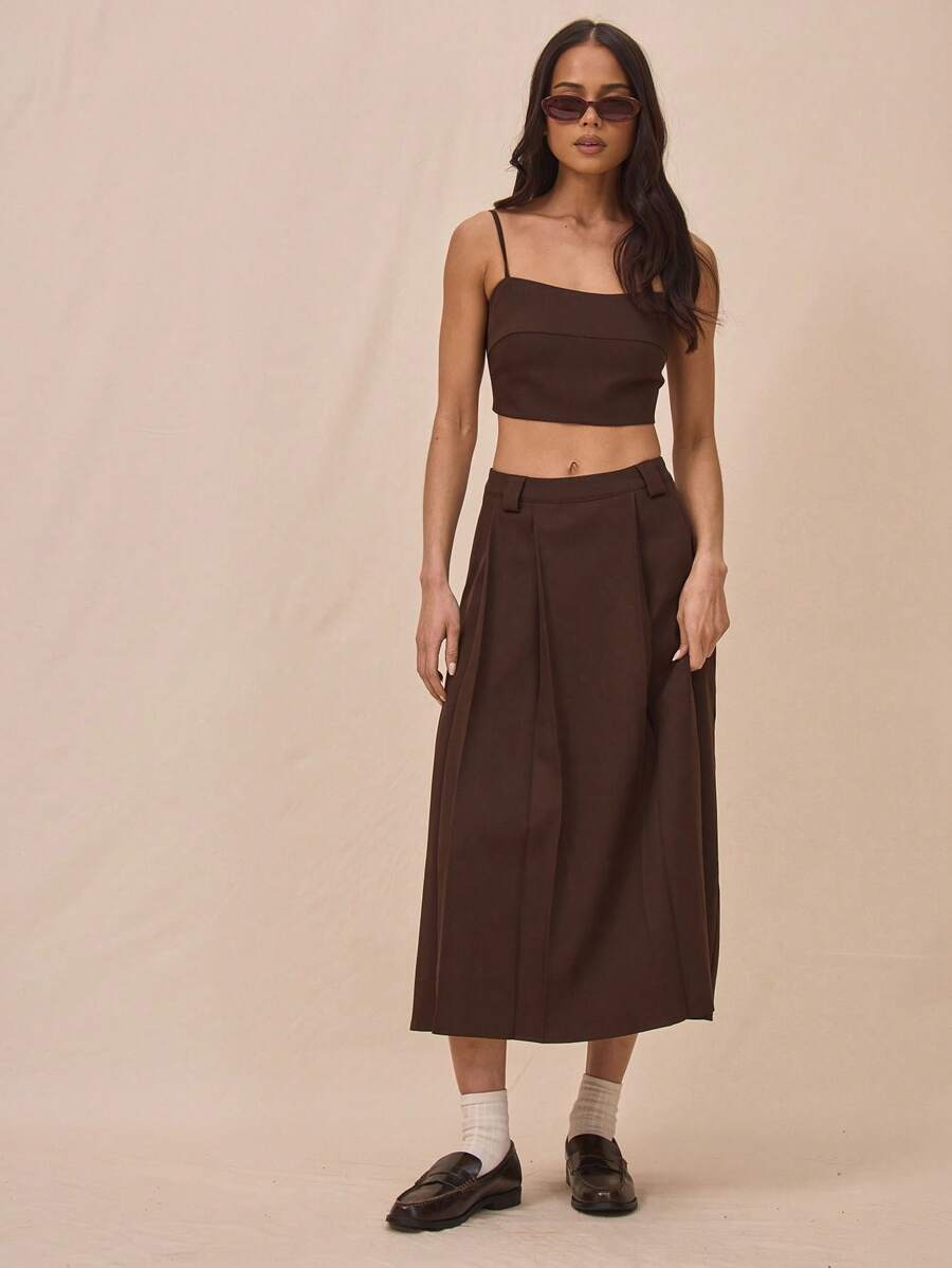 MUSERA 低腰梭织修身褶裥细节腰带环中长裙，夏季优雅款 - 咖啡棕 - 查看 1