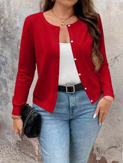 EMERY ROSE Cárdigan de manga larga con abertura frontal y color liso de talla grande, simple y elegante